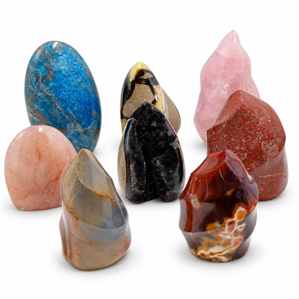 Formas minerales pulidas procedentes de Madagascar, disponibles en variedades como cuarzo rosa, septaria, apatito, septaria salvaje, jaspe paisaje y otros minerales. Formas minerales de Madagascar