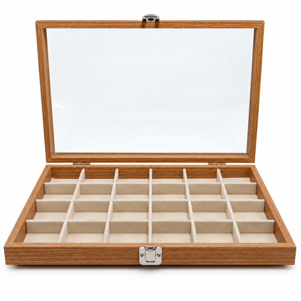 Expositor de madera con tapa transparente